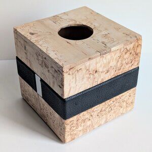 Karelian Birch Burl Wood Tissue Box Cover Wooden Tissue Box Holder w/ Leather